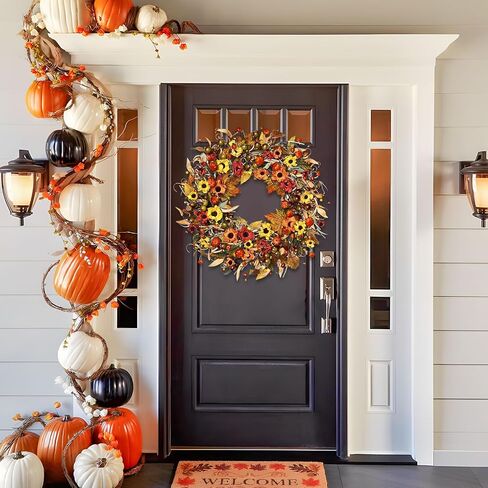 24 Inch Fall Wreath with Lights, Fall Farmhouse Wreath with Berry,Daisies and Pumpkins, Autumn Wreaths for Front Door Outdoor Window Indoor Thanksgiving Halloween Decor in Saudi Arabia