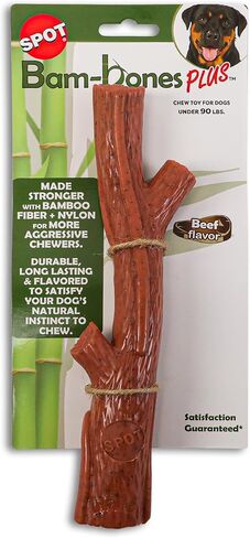 SPOT Bam-Bones Plus Branch -Bamboo Fiber & Nylon, Durable Long Lasting Dog Chew for Aggressive Chewers – Great Toy for Adult Dogs & Teething Puppies Under 60lbs, Non-Splintering, 5.75in, Beef Flavor in Kuwait