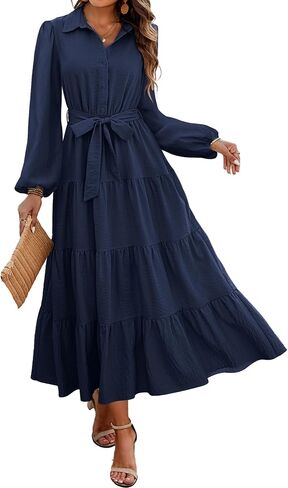 dowerme Women's Fall Dresses 2024 Long Sleeve V Neck Button Down Belted A-Line Flowy Ruffle Maxi Shirt Dress with Pocket in Saudi Arabia