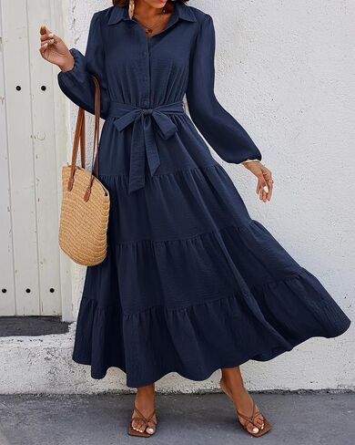 dowerme Women's Fall Dresses 2024 Long Sleeve V Neck Button Down Belted A-Line Flowy Ruffle Maxi Shirt Dress with Pocket in Saudi Arabia