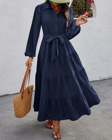 dowerme Women's Fall Dresses 2024 Long Sleeve V Neck Button Down Belted A-Line Flowy Ruffle Maxi Shirt Dress with Pocket in Saudi Arabia