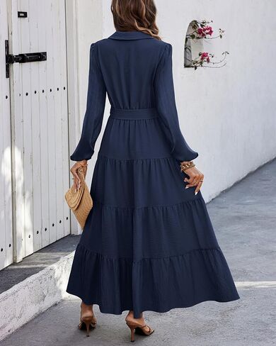 dowerme Women's Fall Dresses 2024 Long Sleeve V Neck Button Down Belted A-Line Flowy Ruffle Maxi Shirt Dress with Pocket in Saudi Arabia