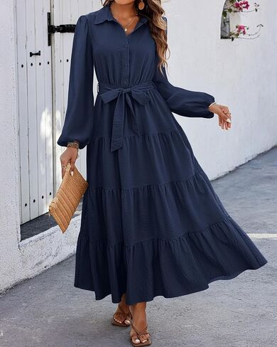 dowerme Women's Fall Dresses 2024 Long Sleeve V Neck Button Down Belted A-Line Flowy Ruffle Maxi Shirt Dress with Pocket in Saudi Arabia
