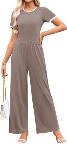 ZESICA Women's Short Sleeve Jumpsuits Dressy Summer Casual Fashion Outfits One Piece Wide Leg Rompers in Saudi Arabia