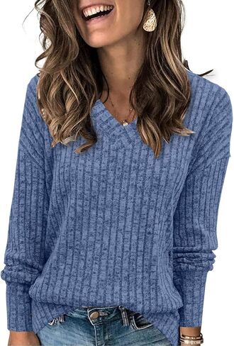 Womens Sweaters V Neck Long Sleeve Shirts Loose Casual Fall Fashion Sweatshirts in Saudi Arabia