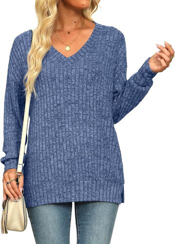 Womens Sweaters V Neck Long Sleeve Shirts Loose Casual Fall Fashion Sweatshirts in Saudi Arabia