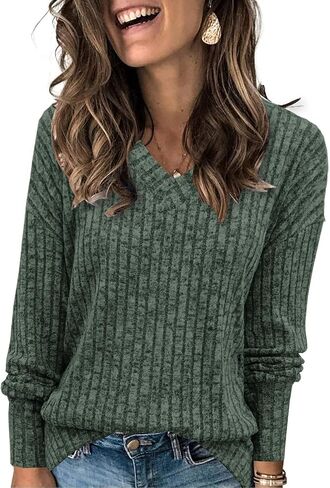 Womens Sweaters V Neck Long Sleeve Shirts Loose Casual Fall Fashion Sweatshirts in Saudi Arabia