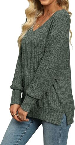 Womens Sweaters V Neck Long Sleeve Shirts Loose Casual Fall Fashion Sweatshirts in Saudi Arabia