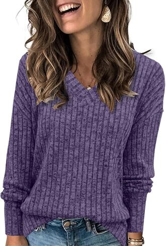 Womens Sweaters V Neck Long Sleeve Shirts Loose Casual Fall Fashion Sweatshirts in Saudi Arabia