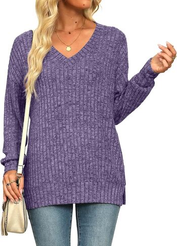 Womens Sweaters V Neck Long Sleeve Shirts Loose Casual Fall Fashion Sweatshirts in Saudi Arabia