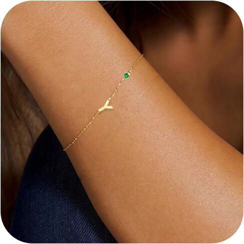 Gold Initial Birthstone Bracelets for Women - 18K Gold Plated Initial Bracelet Dainty Birthstone Emerald Bracelet Gold Initial Charm Bracelet Gold Bracelets for Women Jewelry Gifts in Saudi Arabia