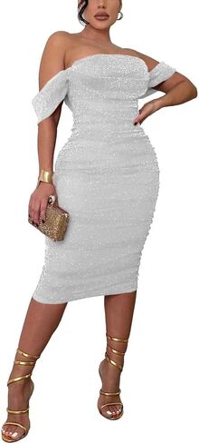 PINSV Women Ruched Off Shoulder Dress Bodycon Party Elegant Midi Dresses in Saudi Arabia