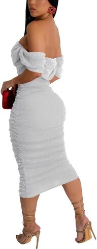 PINSV Women Ruched Off Shoulder Dress Bodycon Party Elegant Midi Dresses in Saudi Arabia