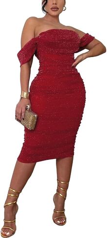 PINSV Women Ruched Off Shoulder Dress Bodycon Party Elegant Midi Dresses in Saudi Arabia