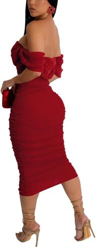 PINSV Women Ruched Off Shoulder Dress Bodycon Party Elegant Midi Dresses in Saudi Arabia