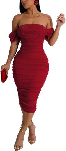 PINSV Women Ruched Off Shoulder Dress Bodycon Party Elegant Midi Dresses in Saudi Arabia