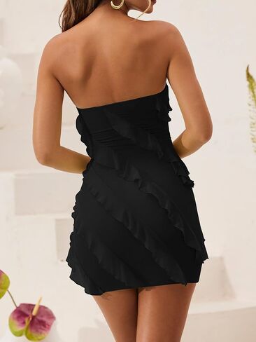 HOCILLE Women's Sexy Strapless Tube Top Bodycon Sleeveless Ruffle Mini Party Dress in Saudi Arabia