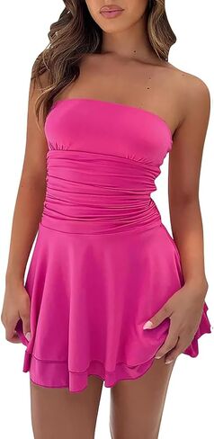 Women Strapless Tube Mini Dress Sexy Sleeveless Tiered Ruffled Hem Ruched Short Bodycon Dress Flowy Summer Y2K Dress in Kuwait