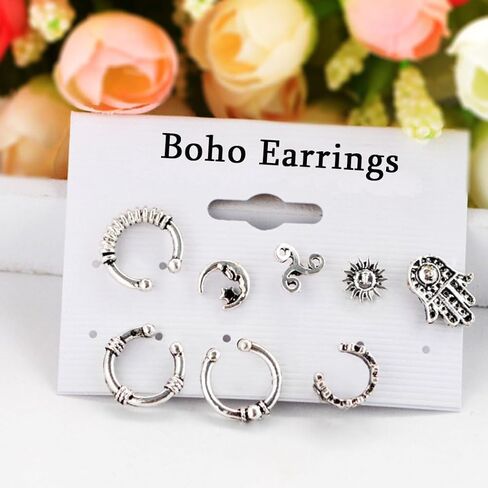 بوهو القمر الأذن مسمار مجموعة خمر الفضة الكفة الأقراط الشمس زهرة متعددة الأقراط مسمار الأذن مجوهرات للنساء (8 قطعة) in Kuwait