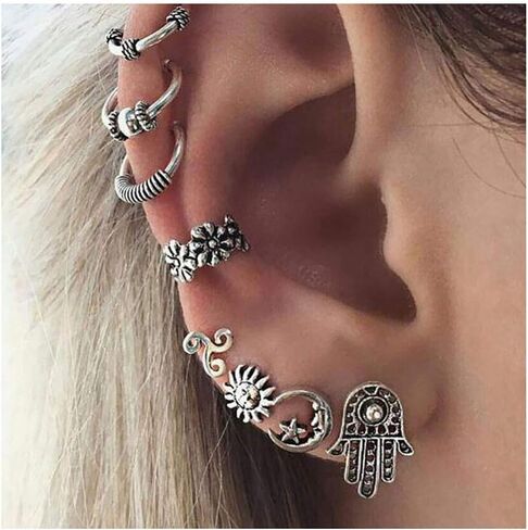 بوهو القمر الأذن مسمار مجموعة خمر الفضة الكفة الأقراط الشمس زهرة متعددة الأقراط مسمار الأذن مجوهرات للنساء (8 قطعة) in Kuwait