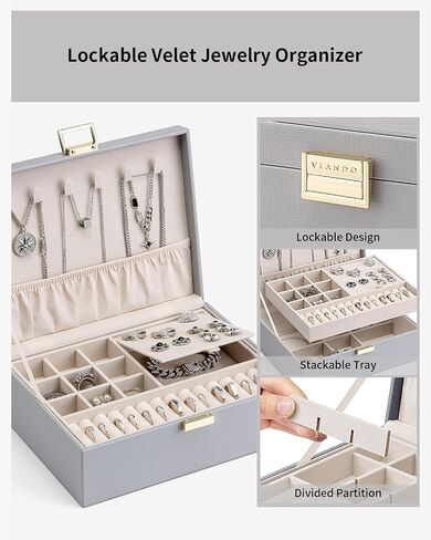 Vlando 2 Layer Jewelry Box Large Jewelry Organizer for Women Removable Jewelery Tray for Necklace Earrings Rings Bracelets Jewelry Boxes Mothers Day Gifts for Mom Wife (Light Pink) in Saudi Arabia
