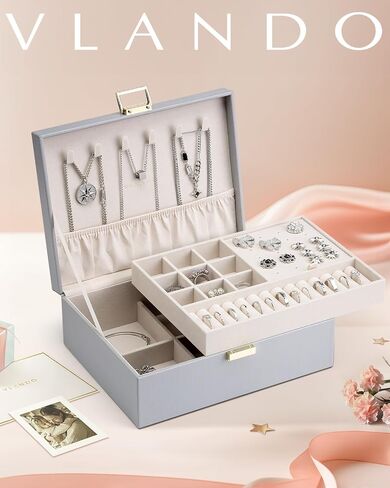 Vlando 2 Layer Jewelry Box Large Jewelry Organizer for Women Removable Jewelery Tray for Necklace Earrings Rings Bracelets Jewelry Boxes Mothers Day Gifts for Mom Wife (Light Pink) in Saudi Arabia