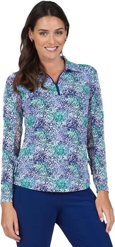 IBKUL Athleisure Wear واقي من الشمس UPF 50+ Icefil Cooling Tech رذاذ طلاء طباعة قابل للتعديل طول كم طويل بولو - 48542 طلاء بخاخ أزرق/أخضر XS in Kuwait