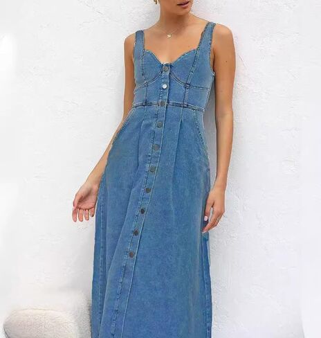 Women's Sexy Strap Maxi Denim Dress Summer Sleeveless Halter Bodycon Maxi Dresses in Saudi Arabia