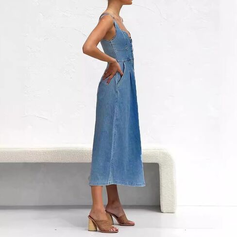 Women's Sexy Strap Maxi Denim Dress Summer Sleeveless Halter Bodycon Maxi Dresses in Saudi Arabia