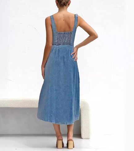 Women's Sexy Strap Maxi Denim Dress Summer Sleeveless Halter Bodycon Maxi Dresses in Saudi Arabia