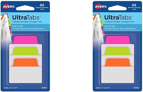 Avery Multiuse Ultra Tabs, 2" x 1.5", 2-Side Writable, Neon Pink/Green/Orange, 24 Repositionable Tabs (74753) in Saudi Arabia