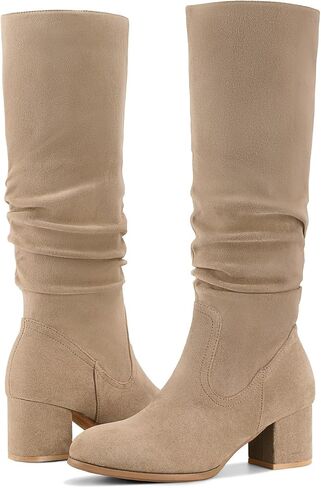 Shoe'N Tale Women's Knee High Boots Chunky Heel Pointed Toe Suede Slouch Winter Shoes with Side Zipper in Saudi Arabia
