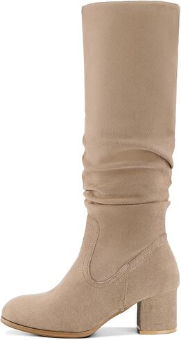 Shoe'N Tale Women's Knee High Boots Chunky Heel Pointed Toe Suede Slouch Winter Shoes with Side Zipper in Saudi Arabia