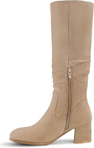 Shoe'N Tale Women's Knee High Boots Chunky Heel Pointed Toe Suede Slouch Winter Shoes with Side Zipper in Saudi Arabia