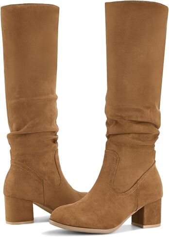 Shoe'N Tale Women's Knee High Boots Chunky Heel Pointed Toe Suede Slouch Winter Shoes with Side Zipper in Saudi Arabia