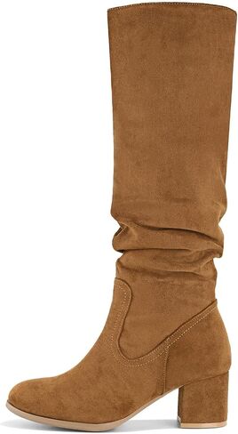 Shoe'N Tale Women's Knee High Boots Chunky Heel Pointed Toe Suede Slouch Winter Shoes with Side Zipper in Saudi Arabia