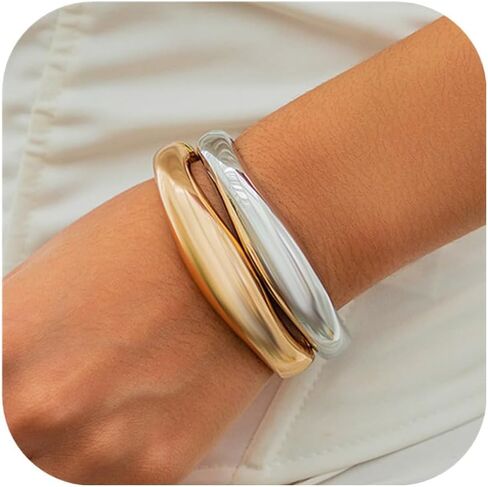 Gold Cuff Bangle Bracelets Set For Women Chunky Trendy Silver Bracelet Irregular Minimalist Open Wide Bangles Hinged Arm Cuff Jewelry Gift 2PC in Kuwait