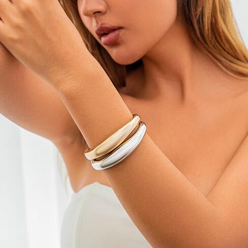 Gold Cuff Bangle Bracelets Set For Women Chunky Trendy Silver Bracelet Irregular Minimalist Open Wide Bangles Hinged Arm Cuff Jewelry Gift 2PC in Kuwait