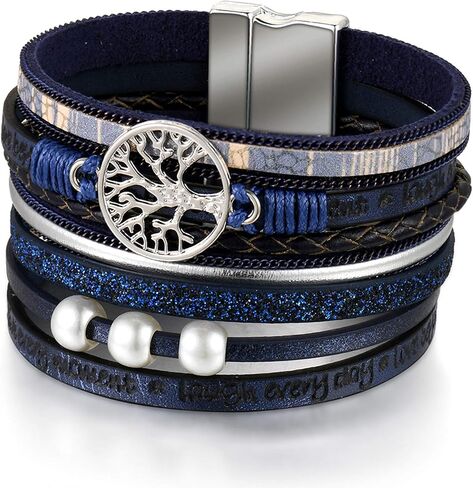 Layered Leather Bangle Cuff Boho Bohemian Wide Bracelets Wrap Tree of Life Wristband Jewelry for Women in Saudi Arabia