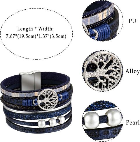 Layered Leather Bangle Cuff Boho Bohemian Wide Bracelets Wrap Tree of Life Wristband Jewelry for Women in Saudi Arabia