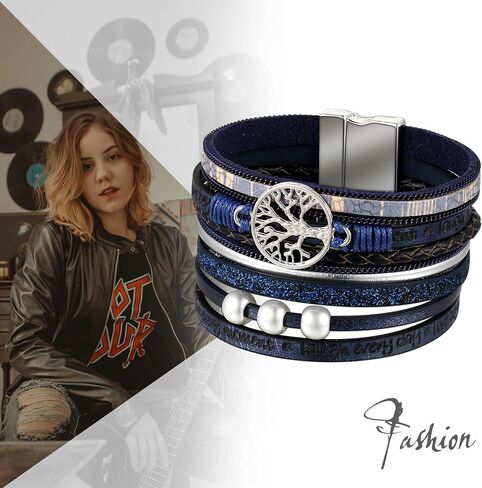 Layered Leather Bangle Cuff Boho Bohemian Wide Bracelets Wrap Tree of Life Wristband Jewelry for Women in Saudi Arabia