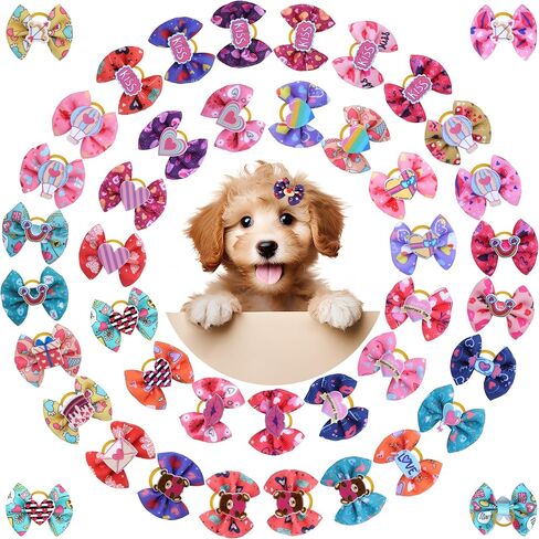 40PCS Christmas Dog Bows Cute Puppy Dog Small Bowknot Hair Bows with Rubber Bands Small Dog Hair Bowknot Pet Hair Accessories Pet Grooming Accessories for Party (Christmas Theme) in Kuwait