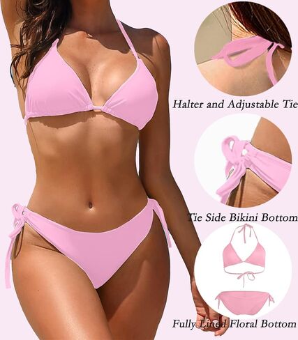 Women 2 Piece Bikini Set Sexy Halter Triangle Top Cheeky String Thong Swimsuit in Saudi Arabia