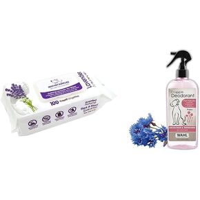 Best Pet Supplies 8" x 9" Pet Grooming Wipes for Dogs & Cats, 100 Pack, Plant-Based Deodorizer & Wahl USA Cornflower Aloe Pet Deodorant Spray for All Dogs & Cats – Clean Fresh Smell Refreshes