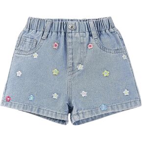 WDIRARA Girl's Floral Embroidery Elastic Waist Casual Denim Shorts with Pockets
