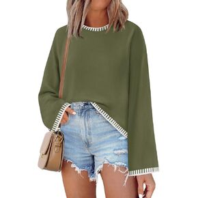 ZESICA Women's Oversized Long Sleeve Sweaters 2024 Fall Crewneck Color Block Loose Ribbed Knit Pullover Tops