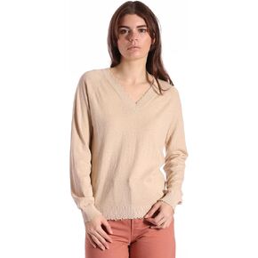 Minnie Rose Women's Long Sleeve Cotton Cashmere Frayed Edge V-Neck Sweater