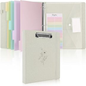 SKYDUE 3 Ring Binder with Clipboard,1 Inch Linen Binder for 3 Hole Punch Letter Size Loose Leaf Paper with 5 Dividers, Pocket and Labels School and Office Supplies-OliveGreen
