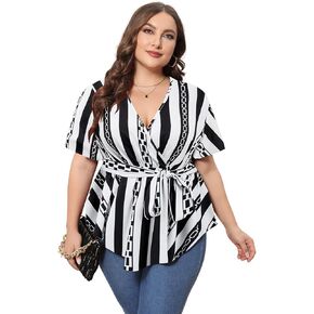 OYOANGLE Women's Plus Size Casual Graphic Print Wrap V Neck Short Sleeve Belted Blouse Top Shirt