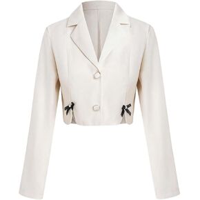 WDIRARA Women's Bow Decor Single Breasted Crop Blazer Collared Neck Open Front Long Sleeve Suit Jacket